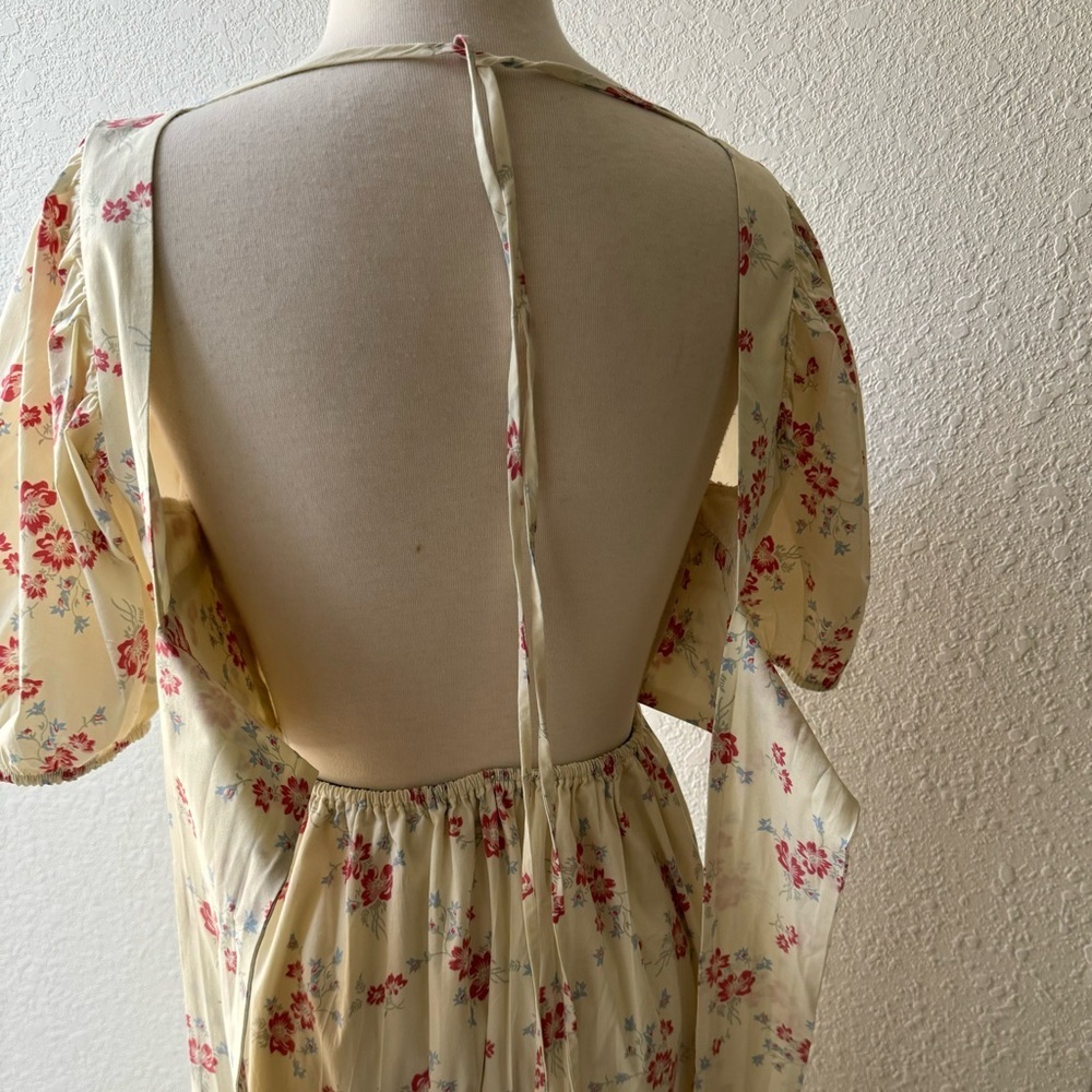 WAYF Whisper Cottage-Core‎ Square Neck Back Tie Ivory Floral Print Ivory Sz S - Picture 12 of 16